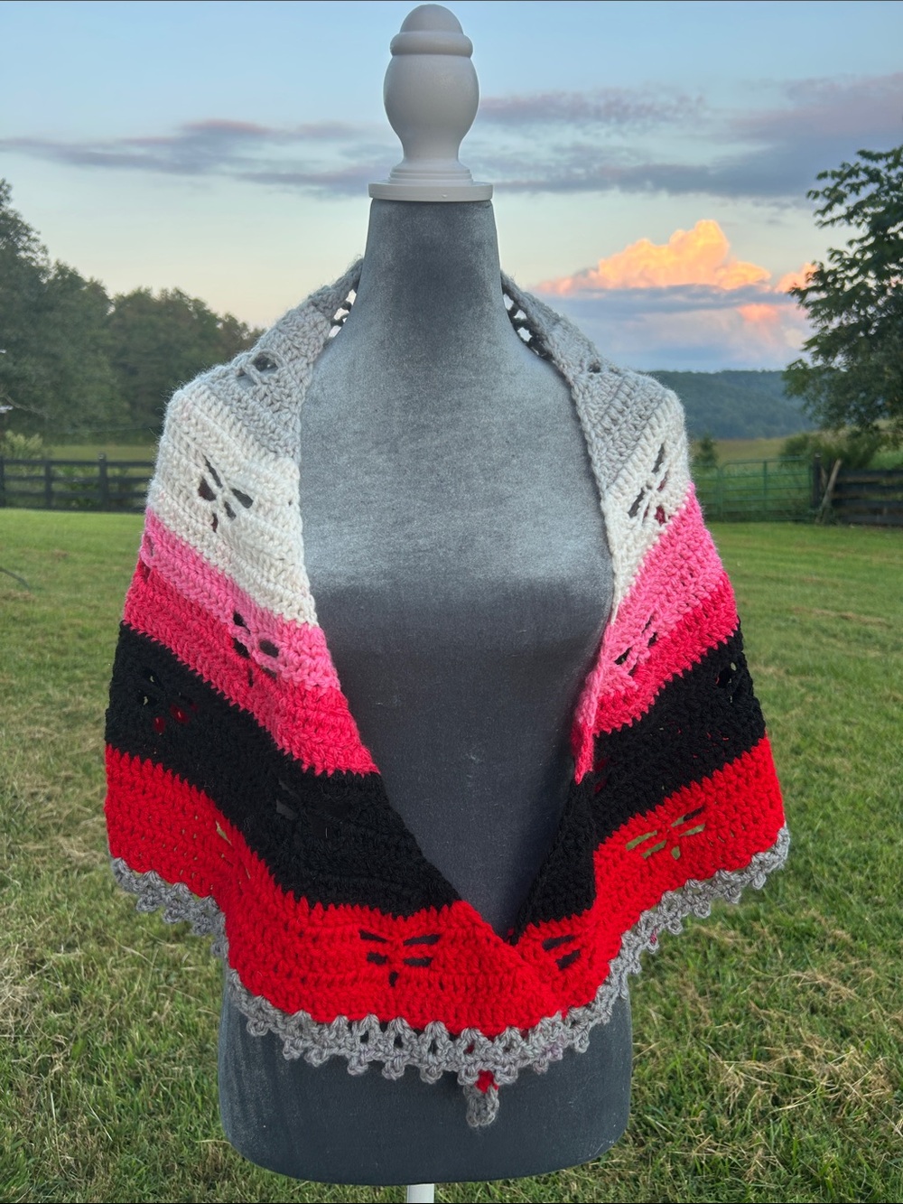Handmade Striped Red, Pink & Black Crochet Shawl Sweater Wrap